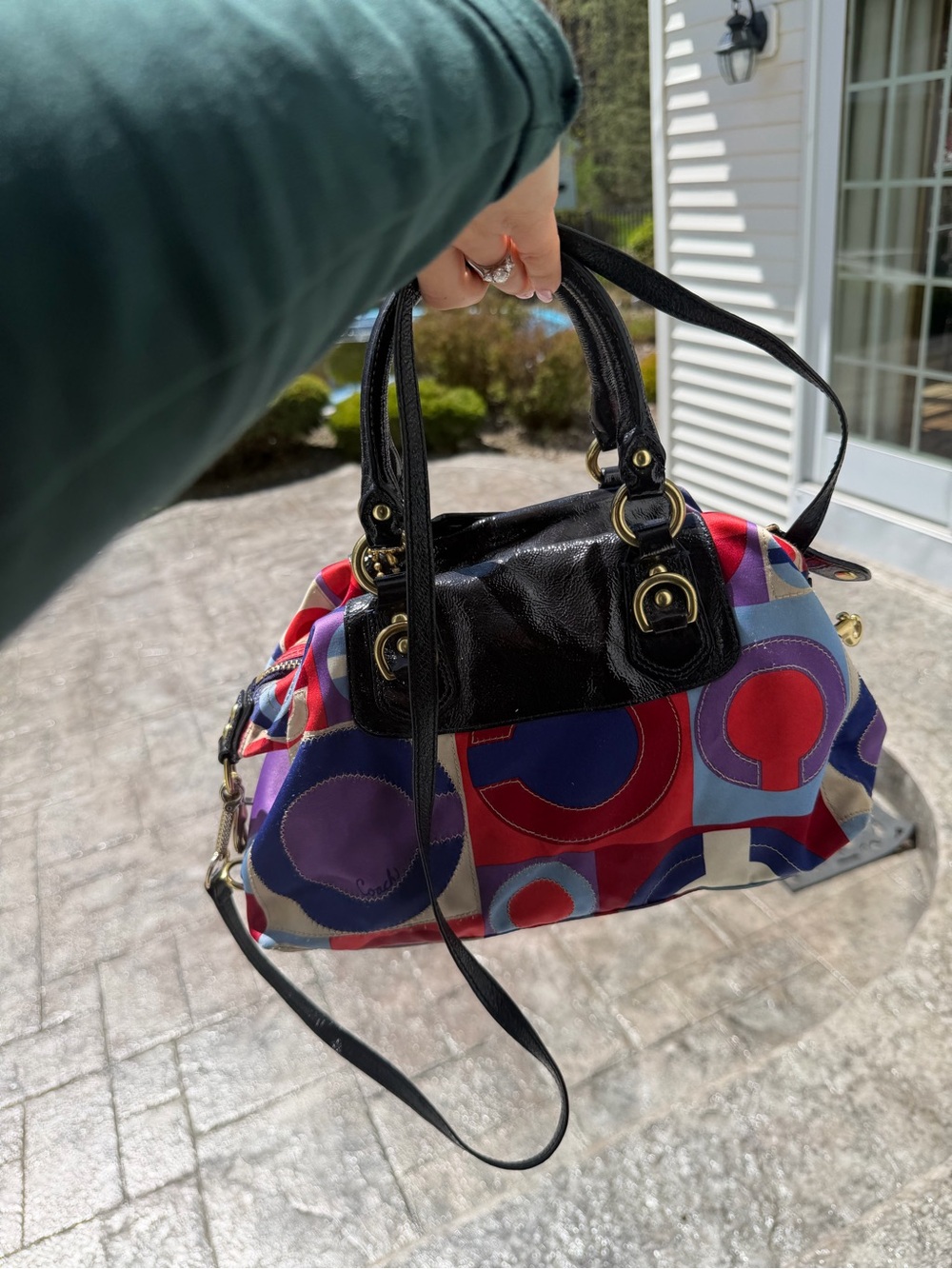 Coach Multicolor Circular Print Satchel with Black Patent Trim